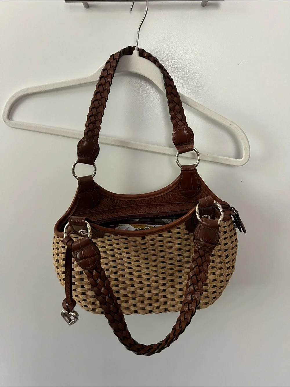 Woven Straw Shoulder Bag with Brown Leather Trim